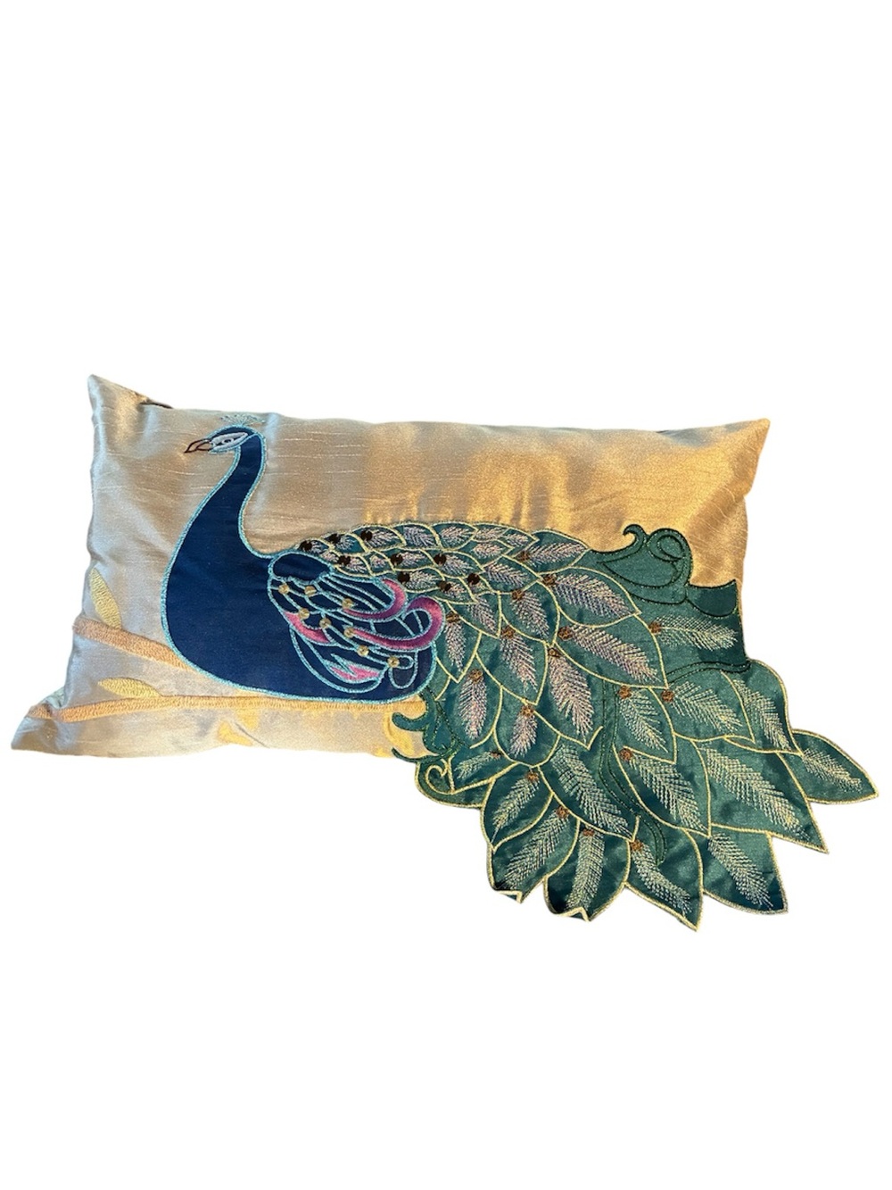 Peacock Pillow Decorative Teal & Gold Vibrant Peacock Bird Colors Embroidered